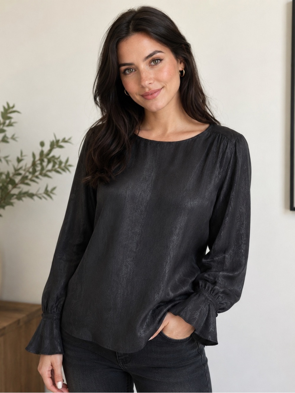 Preston & York Woven Florence Textured Black Blouse